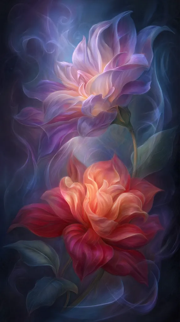 A digital painting showcases two large, vibrant flowers, seemingly dahlias, against a dark, smoky background.  The top flower is predominantly purple and lavender, while the lower bloom is a rich blend of red and orange.  The petals are delicately rendered, giving a soft, almost ethereal quality.  The background's swirling smoke adds a mystical, dreamlike atmosphere to the floral composition.
