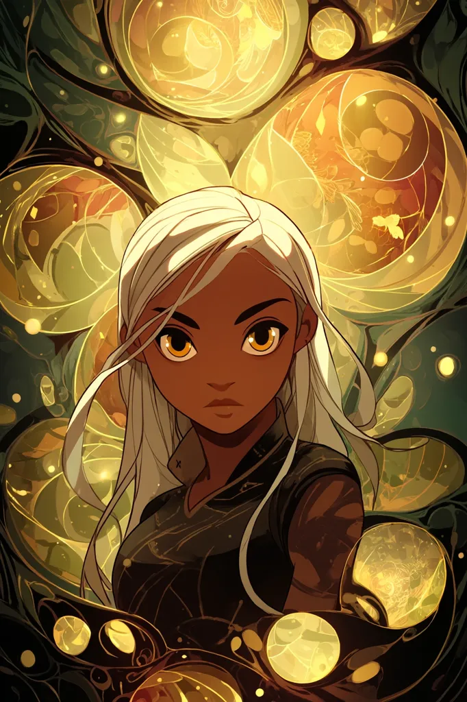 A stylized portrait of a young Black woman with long, white hair. She has striking amber eyes and dark skin. She's dressed in dark clothing, possibly armor, and her arm appears to be partially encased in glowing, golden orbs. The background features swirling, organic shapes with luminous yellow highlights, suggesting a mystical or magical setting. The art style is reminiscent of anime or graphic novels, with bold lines and vibrant colors.