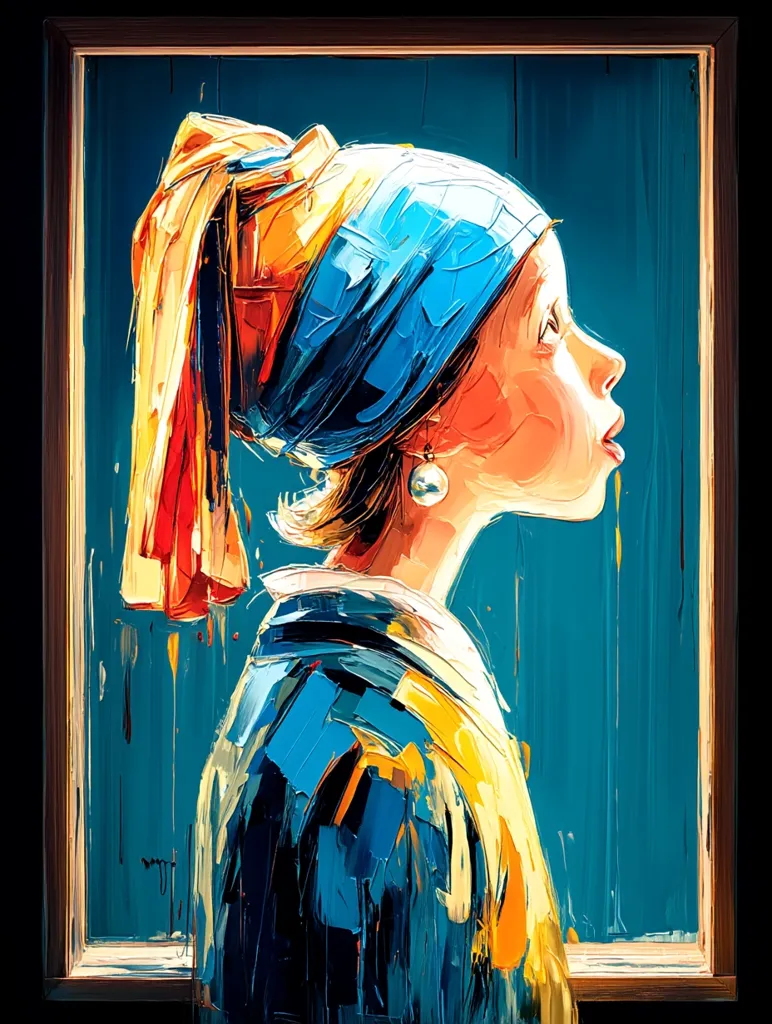 A vibrant, impasto-style painting depicts a young woman in profile, reminiscent of Vermeer's "Girl with a Pearl Earring."  She wears a blue and gold turban, a dark jacket, and a single pearl earring.  The background is a deep teal, and the artist uses thick, visible brushstrokes to create a textured, energetic feel. The painting is framed in dark wood.
