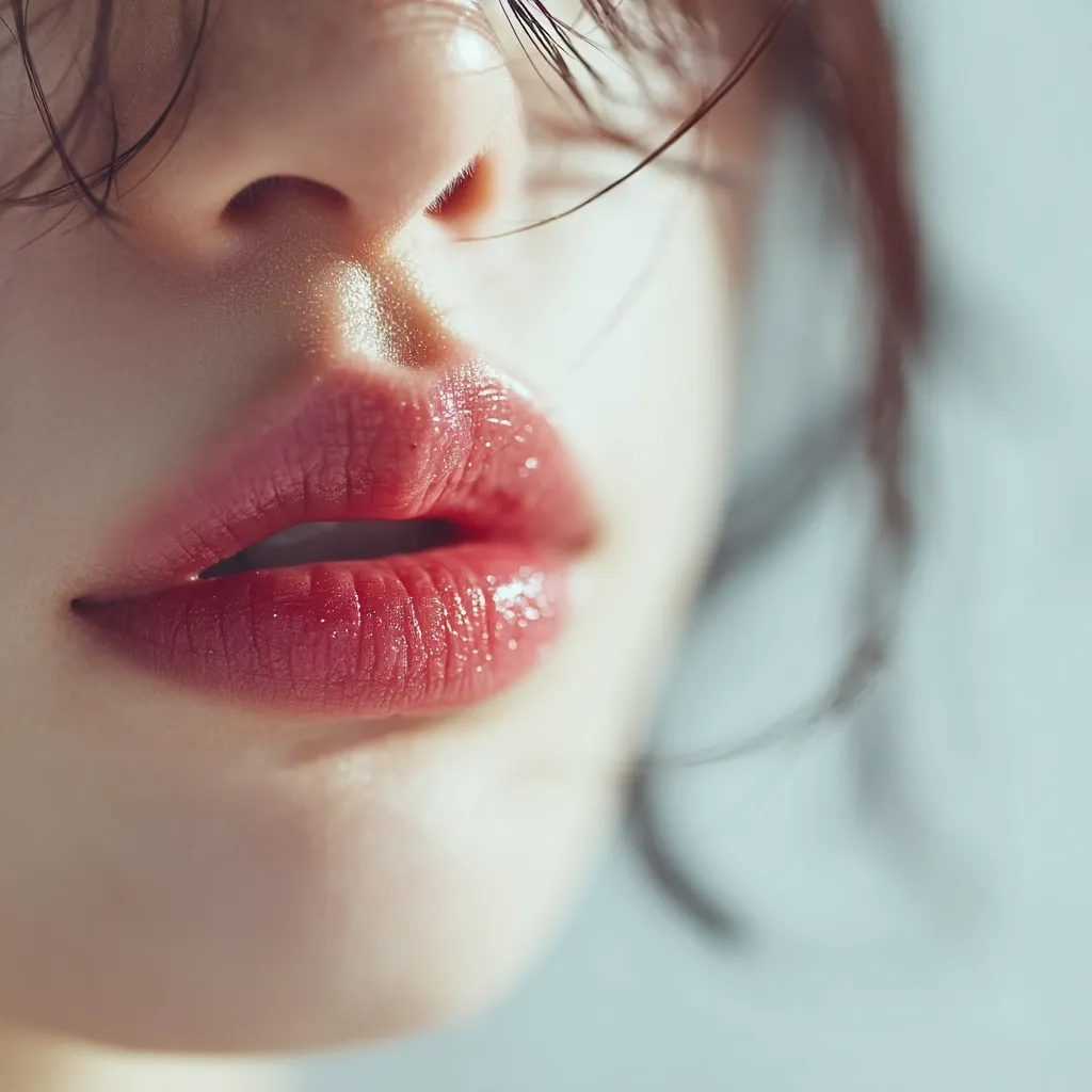 Close-up of a woman's face, focusing on her lips.  Her lips are full and a soft rose color with a glossy sheen.  Dark hair partially obscures her face, adding a soft, ethereal quality to the image. The lighting is soft and highlights her smooth skin. The overall impression is one of beauty and natural elegance.
