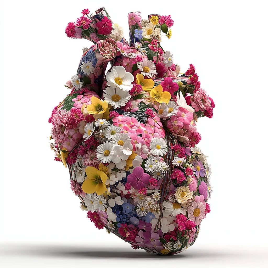 A realistic anatomical heart is completely covered in a vibrant array of colorful flowers.  Various blossoms in pink, white, yellow, and purple densely fill every surface of the heart's structure, creating a striking image of beauty and life.  The flowers appear fresh and diverse, suggesting a symbolic representation of love, health, and the natural world.