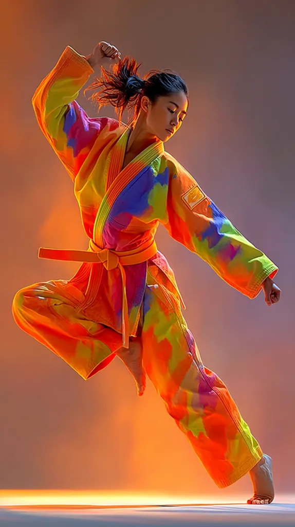 A young woman in a vibrant, tie-dye martial arts gi executes a dynamic mid-air kick.  Her orange, yellow, pink, and blue gi is striking against a warm, muted background.  She wears an orange belt and her hair is pulled back in a ponytail.  The image captures a moment of power and grace, showcasing both athleticism and artistry.