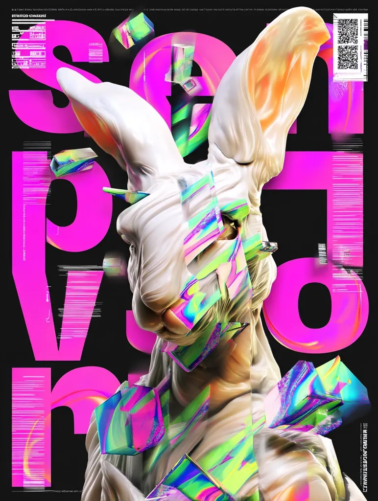 A vibrant digital artwork features a sculpted rabbit, seemingly fragmented and reconstructed.  Surrounding the rabbit are bold, pink, glitch-effect lettering and iridescent, geometric shapes.  The overall style is surreal and blends classical sculpture with contemporary digital art techniques, creating a visually striking and dynamic composition. A QR code is subtly placed in the upper right corner.