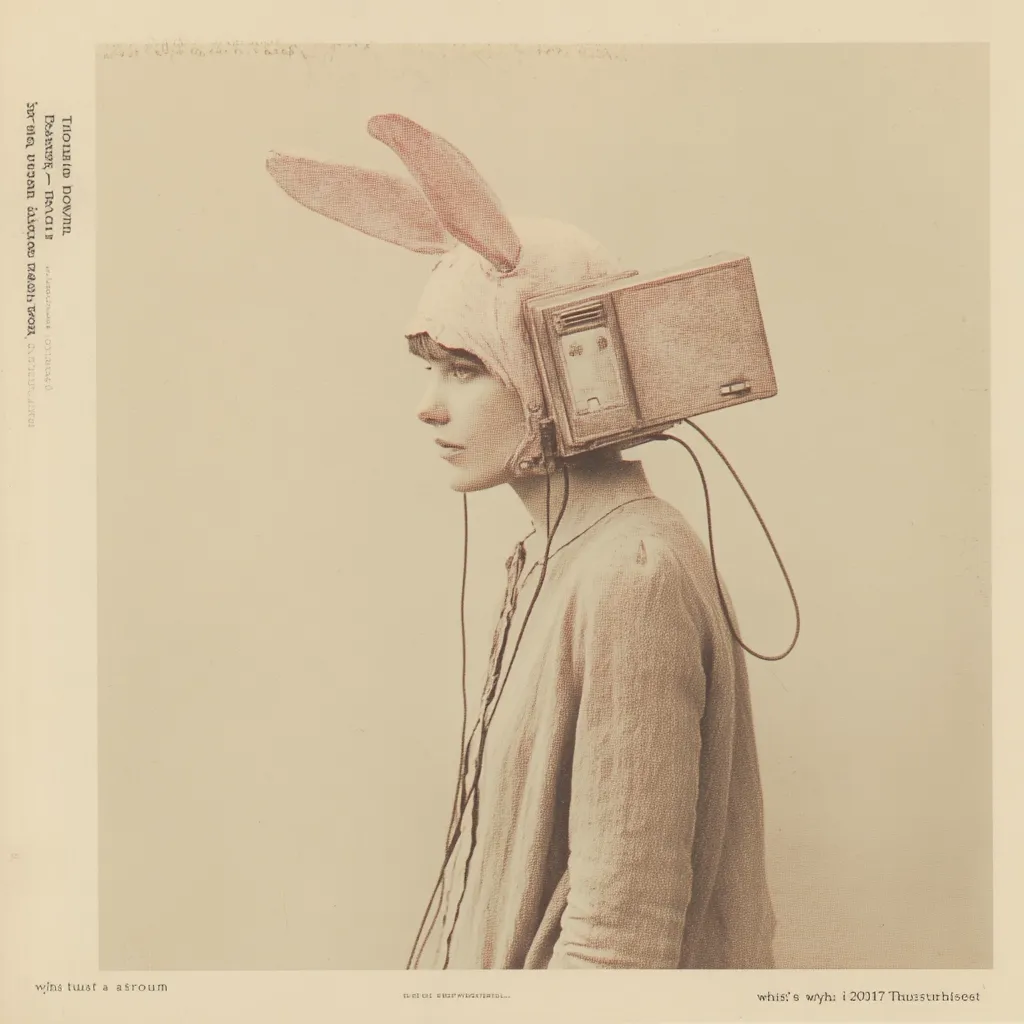 A sepia-toned portrait features a person wearing a rabbit-ear hood and a vintage-style box resembling a television attached to their head.  The cords from the box drape down their front. The individual is captured in profile view, against a muted, beige background. The overall aesthetic is surreal and dreamlike. The image carries a subtle vintage feel, with text partially visible at the edges.
