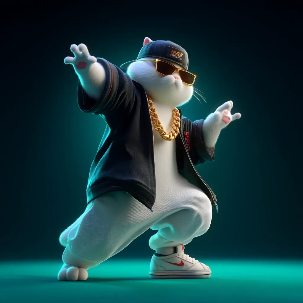 A cool, white cat, rendered in 3D, strikes a hip-hop pose.  Wearing a black jacket, gold chain, sunglasses, and a backwards baseball cap, it displays a confident stance, one paw outstretched.  Its white pants and sneakers complete the stylish, urban look. The background is a deep teal, enhancing the cat's vibrant attire and attitude.