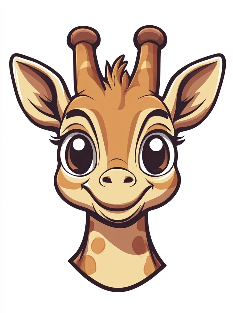 A cartoon illustration of a baby giraffe's head and neck.  The giraffe has large, expressive eyes, a sweet smile, and characteristic brown spots on its neck. The style is cute and friendly, with soft coloring and rounded features, suitable for children's books or merchandise. The image is set against a white background.