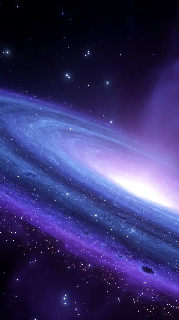 A breathtaking view of a spiral galaxy dominates the image, its swirling arms of blue and purple hues punctuated by countless stars.  The galaxy's core glows with a bright, almost white light, contrasting with the deeper purples and blues of its outer reaches. The background is a dark, star-studded expanse, enhancing the galaxy's vibrant colors and ethereal beauty.