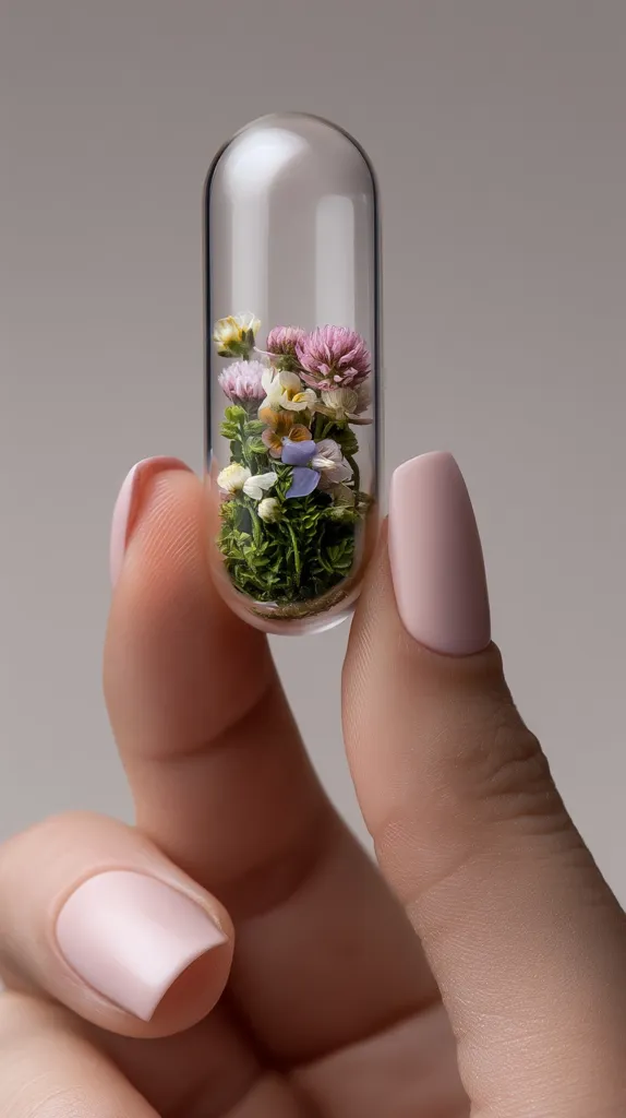 A hand delicately holds a large, transparent capsule filled with a miniature garden of wildflowers.  The flowers, a mix of pinks, purples, and whites, are nestled amongst greenery, creating a vibrant contrast against the clear glass.  The capsule's size and the gentle handling emphasize its delicate and precious contents.  The image suggests a concept of natural beauty and perhaps herbal remedies.