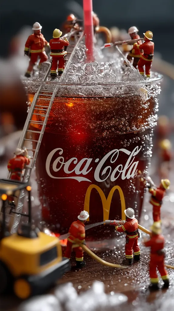 Miniature firefighters battle a fizzy Coca-Cola beverage in a McDonald's cup.  The scene is playfully dramatic, with tiny figures using ladders and hoses to combat the foamy eruption.  The cup is heavily frosted, enhancing the illusion of a miniature emergency. The overall image is a whimsical contrast of scale and subject matter.