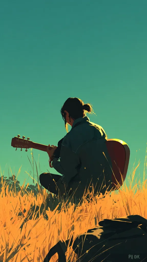 A lone figure sits in tall, golden grass under a teal sky, playing an acoustic guitar.  The person, with their back to the viewer, is silhouetted against the vibrant sunset.  A backpack rests partially visible in the foreground, suggesting a journey or a moment of peaceful respite in nature. The scene evokes a sense of tranquility and solitude.
