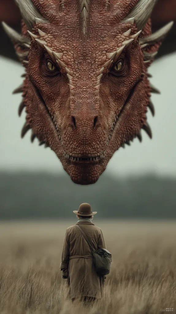 A lone figure, clad in a brown coat and hat, stands in a tall grass field, their back to the viewer.  Looming above, filling most of the frame, is the massive head of a reddish-brown dragon, its eyes fixed on the person below. The image evokes a sense of wonder and perhaps impending danger, a confrontation between the miniature human and the colossal beast.  The mood is dark and mysterious.