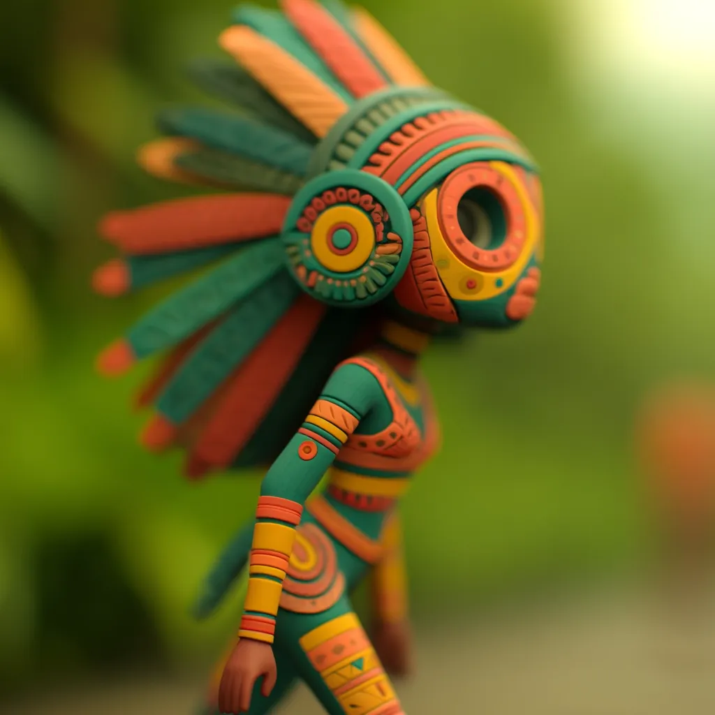 A stylized figurine, possibly representing an indigenous figure, is depicted.  The figure is crafted in teal, orange, and yellow, adorned with intricate geometric patterns and a large headdress resembling feathers.  The style suggests a blend of traditional and modern art, possibly inspired by Mesoamerican cultures.  The background is a blurred green, enhancing the focus on the vibrant figurine.