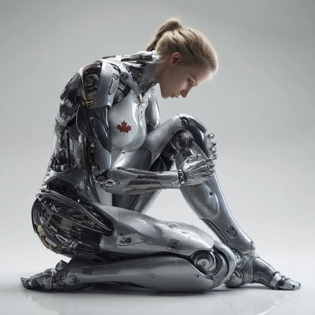 A female android, seemingly human-like in form, kneels with a melancholic posture. Her body is a complex arrangement of metallic components, revealing intricate mechanical details.  Water droplets adorn her polished surface. A Canadian maple leaf is visible on her chest, adding a symbolic element. The overall image evokes a sense of vulnerability and contemplation in a futuristic setting.