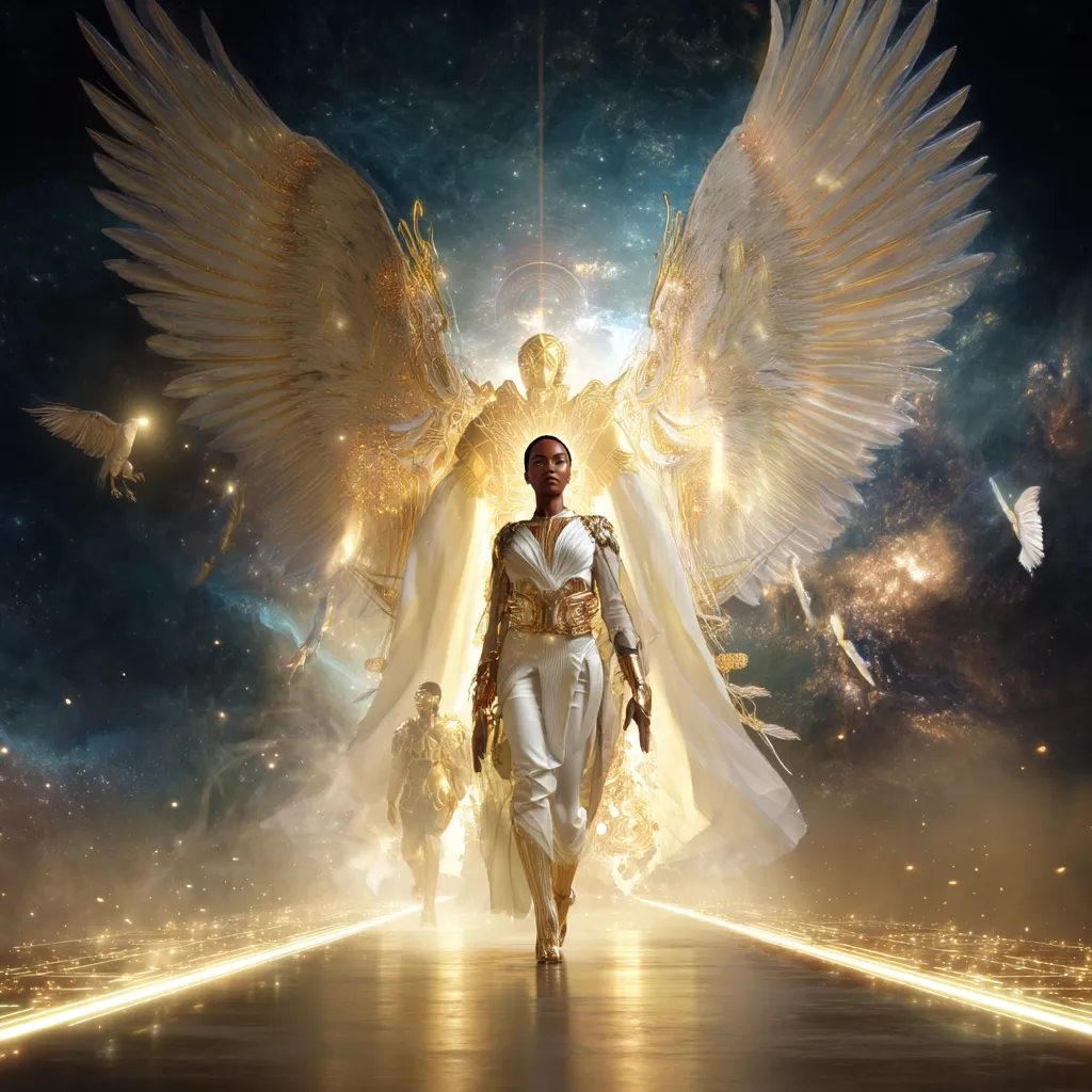 A powerful Black woman, adorned in gold and white, strides confidently down a radiant path.  Enormous golden wings, seemingly angelic, frame her, while a golden figure stands within.  White doves flutter amidst a cosmic backdrop, creating a celestial and empowering scene.  The overall mood is one of divine authority and majestic power.
