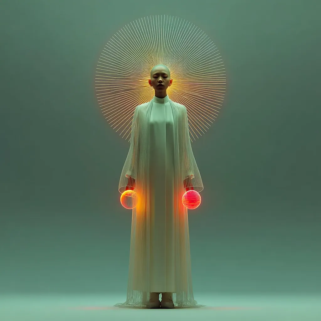 A serene, bald woman in a flowing white robe stands against a muted green backdrop.  She is encircled by a radiant, golden halo, and holds two glowing orange orbs. The image evokes a sense of ethereal beauty and spiritual contemplation, with a futuristic, artistic style.  The overall effect is calming and mysterious.