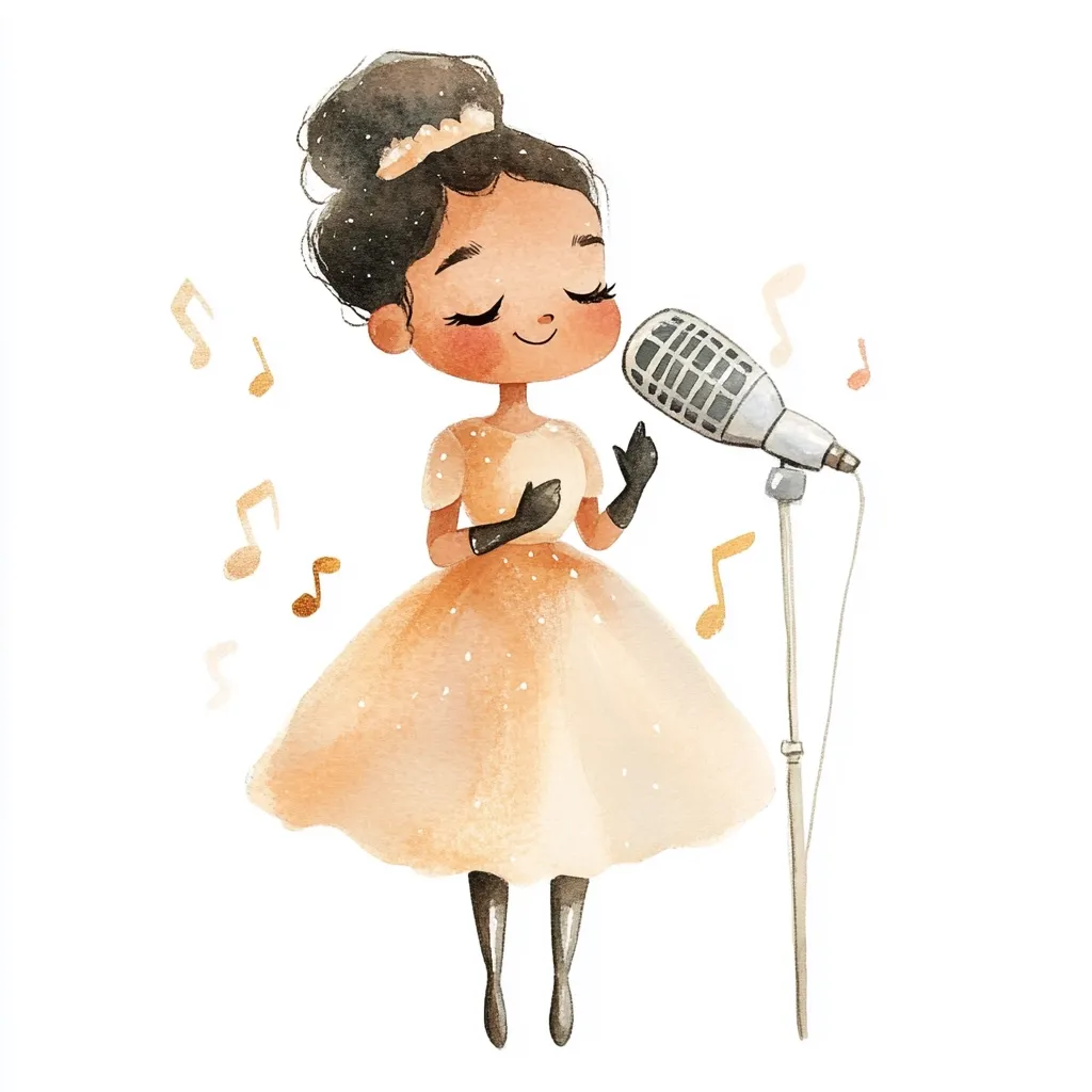 A watercolor illustration of a cute, dark-skinned girl in a pale gold dress, singing into a vintage microphone.  She wears black gloves and a tiara, her eyes closed in peaceful concentration.  Musical notes float around her, suggesting a melodious song. The style is charming and whimsical.