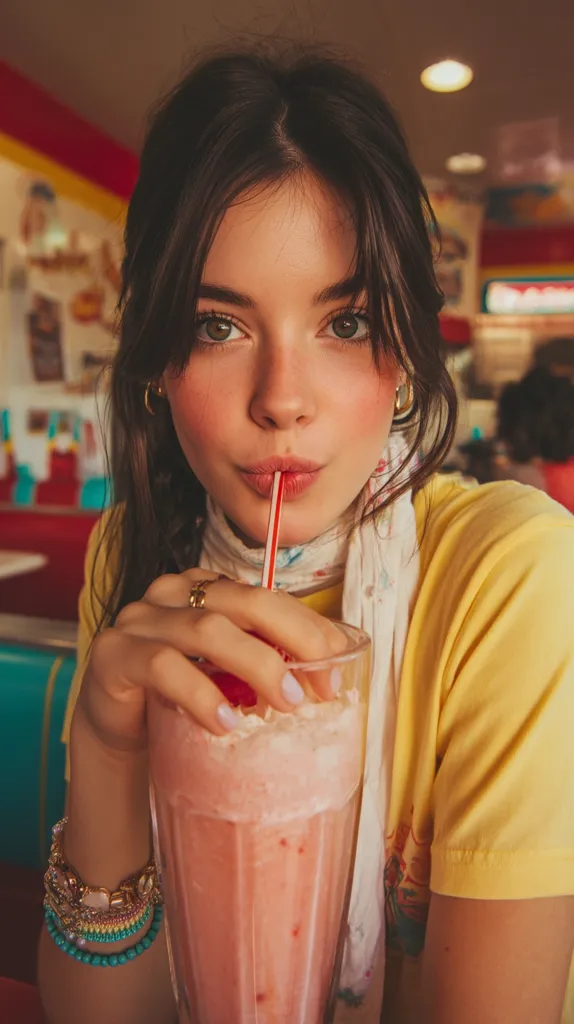 A young woman with dark brown hair sits in a retro diner, enjoying a strawberry milkshake through a red-and-white striped straw.  She's wearing a yellow t-shirt, a white scarf, and several bracelets.  Her makeup is natural and she gazes directly at the camera with a pleasant expression. The warm lighting enhances the vintage aesthetic of the scene.