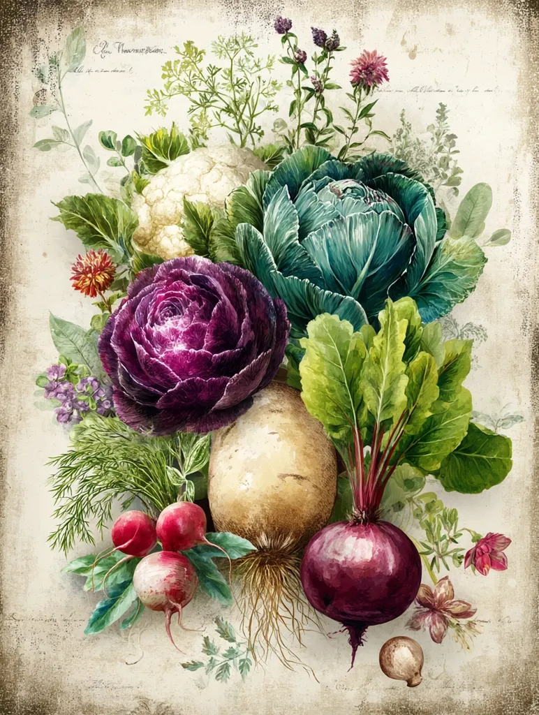 A watercolor-style painting depicts a bountiful harvest of vegetables arranged as a bouquet.  A cauliflower, vibrant red and green cabbages, a turnip, radishes, and a large beet are the centerpiece, surrounded by herbs and wildflowers. The painting evokes a vintage, rustic feel with its muted color palette and textured background, suggesting a still life celebrating the beauty and abundance of homegrown produce.