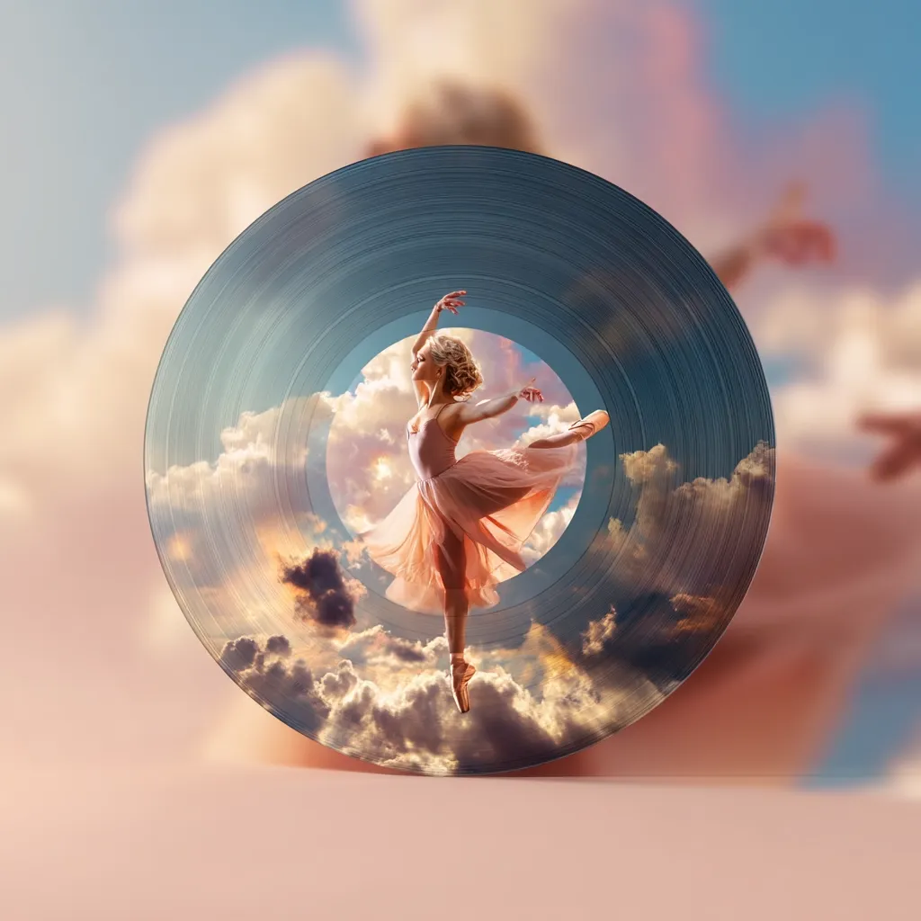 A ballerina in a peach tutu gracefully leaps within a circular frame resembling a vinyl record.  The background is a dreamy cloudscape, blending seamlessly with the record's surface.  The image evokes a feeling of ethereal beauty and the artistic expression found in both dance and music.  The soft lighting and pastel colors enhance the overall serene and magical atmosphere.