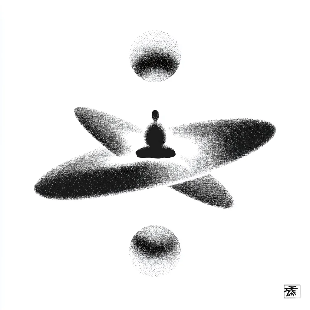 A minimalist black and white stippled illustration depicts a serene figure in a meditative pose, seemingly floating amidst three interconnected, celestial-like orbs. The artwork evokes a sense of tranquility and balance, suggesting a spiritual connection between the individual and the cosmos.  The style is precise and graphic, creating a visually captivating image.