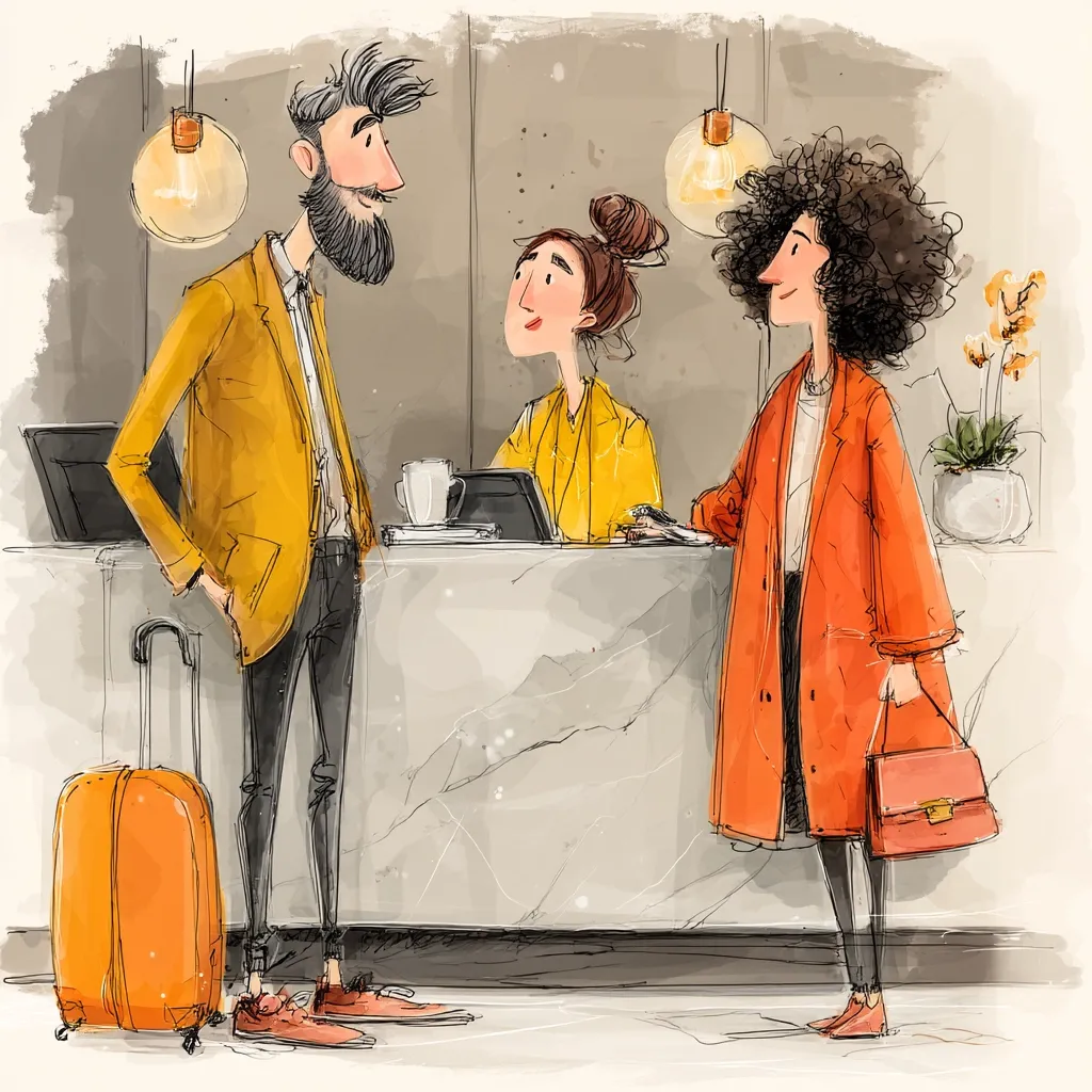 A stylish couple checks into a hotel. The man, in a mustard yellow jacket, stands beside a bright orange suitcase. His companion, wearing a vibrant orange coat, holds a matching handbag.  A hotel receptionist in yellow assists them at the marble reception desk. The scene is depicted in a loose, watercolor-like style with expressive character designs.  The atmosphere is relaxed and welcoming.