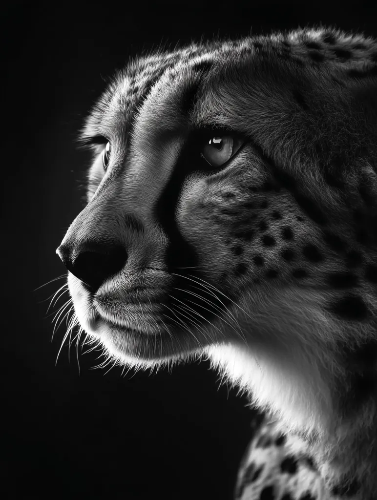 A striking black and white close-up captures the profile of a cheetah's head.  Its intense gaze is directed to the side, and fine details of its fur and whiskers are sharply defined against the dark background. The image emphasizes the animal's powerful features and elegant form.  The contrast creates a dramatic and captivating portrait.