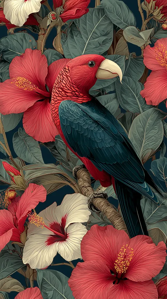 A vibrant illustration showcases a red and teal parrot perched on a branch amidst a profusion of hibiscus flowers.  Deep red and creamy white hibiscus blossoms, rendered with meticulous detail, surround the bird.  The lush, dark green foliage provides a rich backdrop, creating a striking contrast with the parrot's plumage and the flowers' bright colors. The overall style is reminiscent of botanical illustrations.