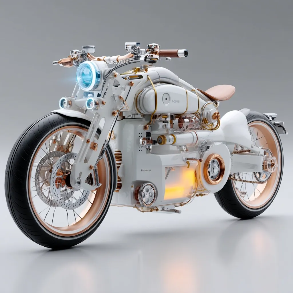 A futuristic, white motorcycle with exposed, intricate copper-colored mechanics is showcased.  The design blends steampunk aesthetics with a sleek, modern form.  The transparent engine casing reveals glowing orange internal components, and the bike features a tan leather seat and a unique, glowing headlight.  The overall impression is one of high-tech elegance and powerful design.
