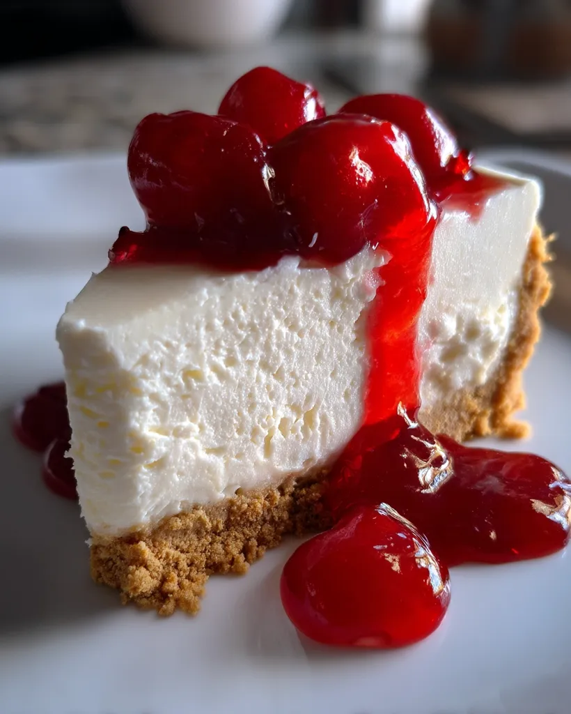 A slice of creamy New York-style cheesecake is generously topped with a vibrant cherry sauce.  The rich, red sauce cascades down the side of the cheesecake, creating a visually appealing contrast against the smooth, white filling and the golden-brown graham cracker crust.  The glistening cherries add a touch of sweetness and visual interest to this decadent dessert.