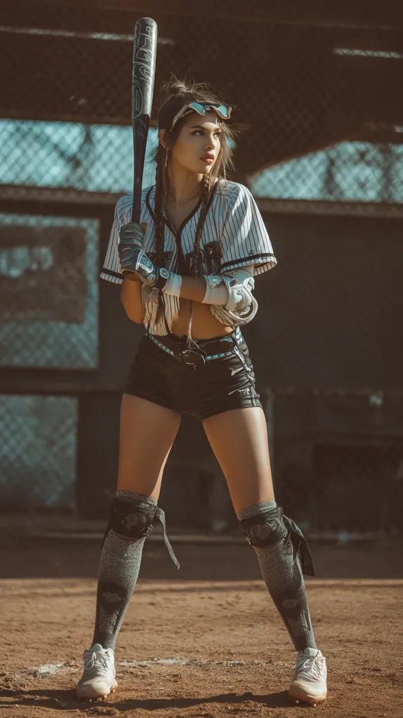 A young woman, clad in a striped baseball jersey and black shorts, stands on a baseball field, bat in hand.  She's wearing grey protective leg gear and white baseball cleats. Her gaze is directed away from the camera, creating a sense of anticipation or contemplation. The sun casts a warm light on the scene, highlighting the texture of the dirt and the details of her attire. The overall mood is one of athletic readiness and poised strength.