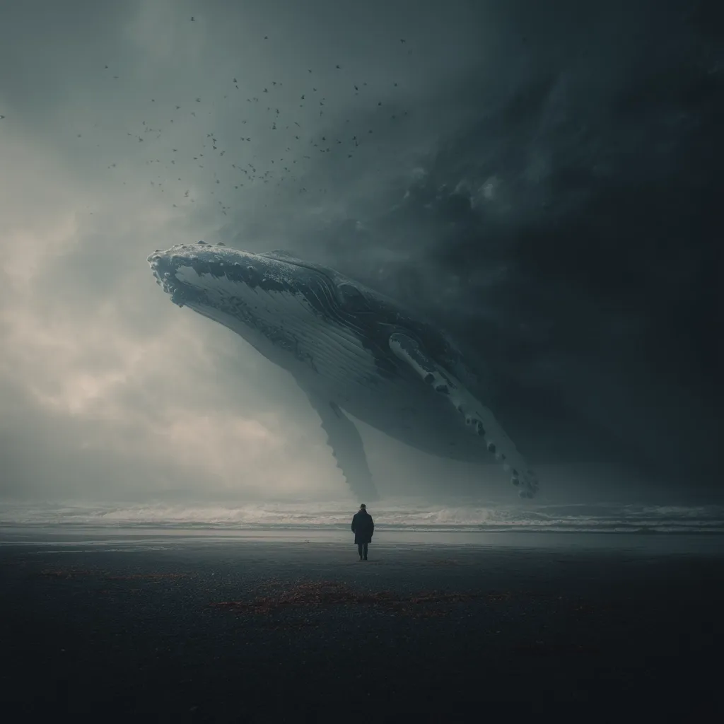 A solitary figure stands on a dark, sandy beach, gazing up at a colossal whale suspended in a brooding, overcast sky.  Birds fly overhead, adding to the surreal and somewhat melancholic atmosphere. The immense size of the whale dwarfs the human, creating a sense of awe and insignificance. The overall mood is one of mystery and quiet contemplation.