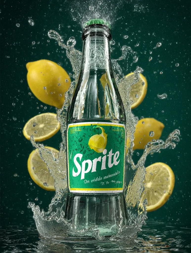 A glass bottle of Sprite is the central focus, surrounded by splashing water and several lemon slices.  The bottle is partially submerged, creating a dynamic, refreshing image.  The Sprite label is clearly visible, with the brand name prominently displayed. The dark green background enhances the vibrant colors of the lemon and the clear liquid.  The overall composition suggests a feeling of refreshment and energy.