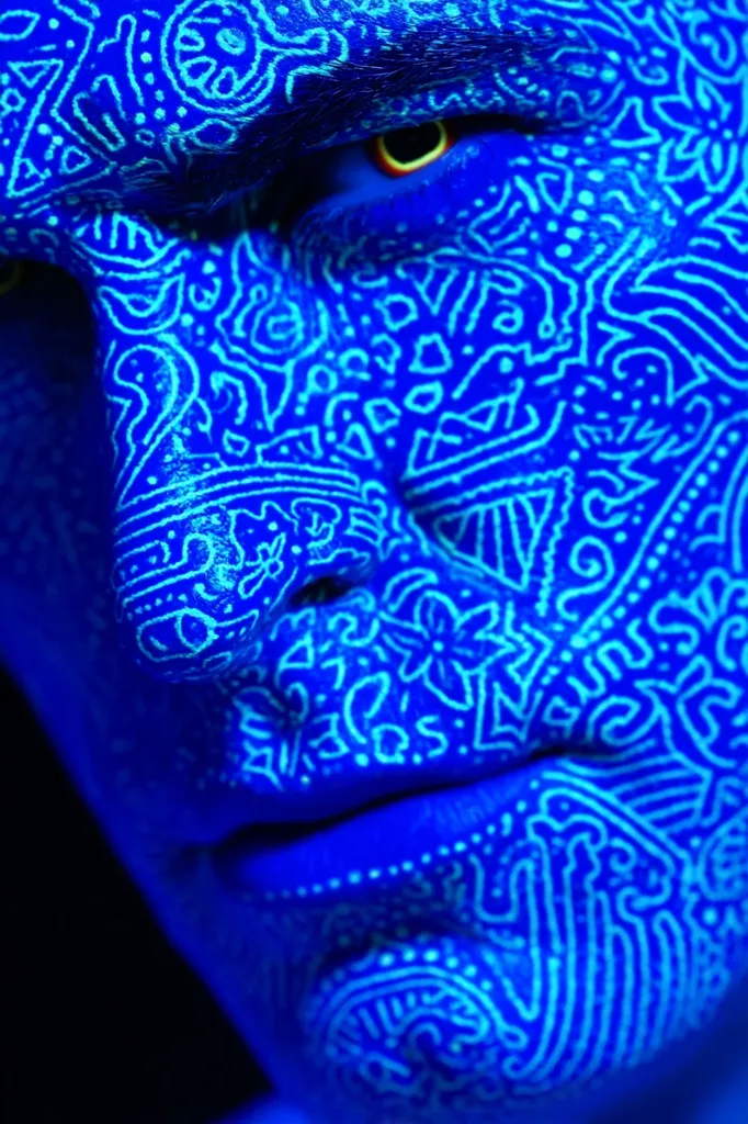 Close-up of a face painted bright blue with intricate, glowing white patterns.  The design covers the entire visible face, including the eyes, nose, and mouth. The blue paint gives an otherworldly effect, highlighting the detailed, almost tribal-like markings. The image is striking and visually captivating.