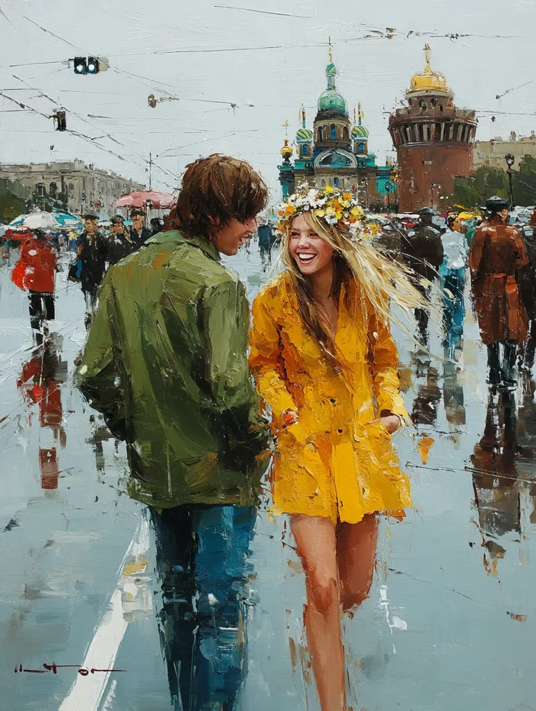 A young couple strolls through a rainy city street, their laughter echoing amidst the urban bustle.  She wears a vibrant yellow raincoat and a flower crown, he a muted green jacket.  A beautiful church with turquoise domes provides a backdrop to this romantic scene, captured in expressive, impressionistic brushstrokes.  The painting's mood is joyful and slightly melancholic, capturing the intimacy of a shared moment in a public space.