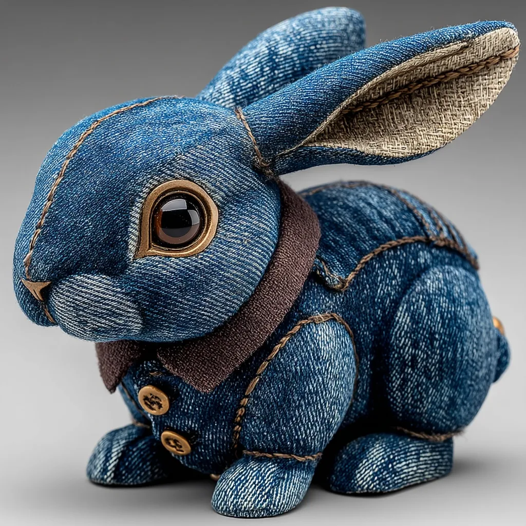 A charming denim rabbit, meticulously crafted, sits against a neutral backdrop.  Its large, expressive eyes are detailed with bronze accents, and it wears a dark brown collar and denim jacket, adding to its unique character. The rabbit's texture and stitching are clearly visible, showcasing the artistry of its creation.  The overall impression is one of whimsical charm and handcrafted detail.