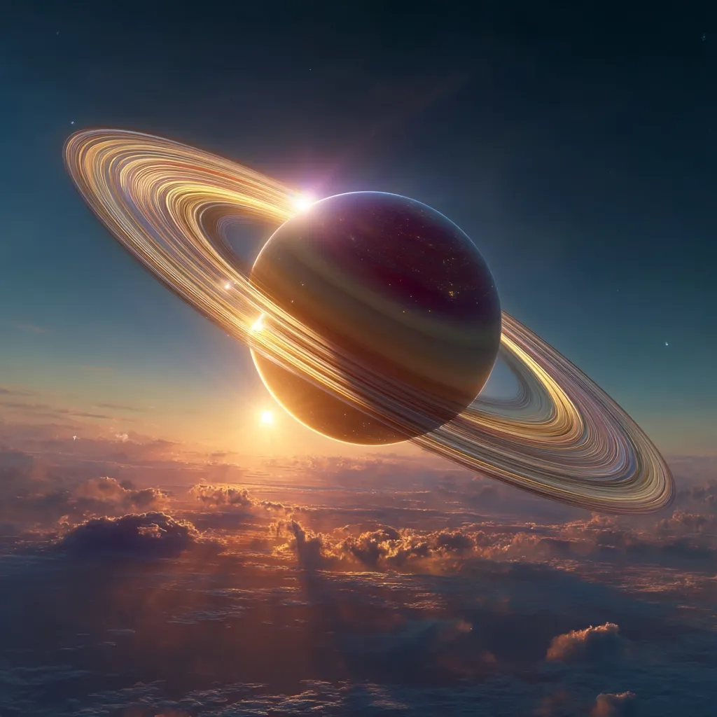 A breathtaking digital artwork depicts a majestic planet, adorned with luminous, multi-layered rings, set against a backdrop of a vibrant sunset.  The planet's surface is dark, contrasting beautifully with the radiant rings and the warm hues of the sky.  Below, a sea of clouds stretches to the horizon, bathed in the golden light of the sun. The scene evokes a sense of awe and wonder at the vastness of space.
