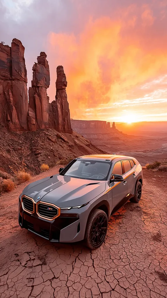A gray BMW iX SUV is parked on cracked earth, overlooking a stunning desert landscape at sunset.  Towering sandstone formations rise in the background, silhouetted against a vibrant, orange-hued sky. The car's sleek design contrasts with the rugged beauty of the natural setting, creating a dramatic and visually striking image. The warm sunset light casts long shadows, enhancing the scene's overall mood.
