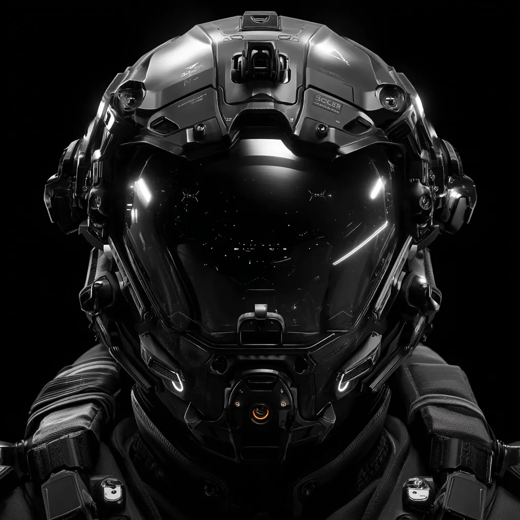 A close-up shot reveals a futuristic combat helmet, sleek and black, dominating the frame.  The helmet's intricate design features numerous technological details and a large, reflective visor.  The individual wearing the helmet is partially visible, clad in dark tactical gear, suggesting a soldier or operative in a science fiction setting. The image is starkly contrasted, emphasizing the helmet's advanced technology.