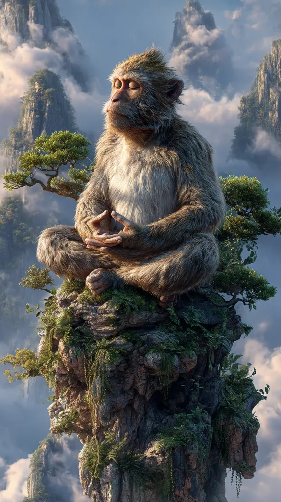 A serene monkey sits in a meditative pose atop a small, verdant island floating amidst a mystical, mountainous landscape.  Clouds swirl below and around the peaks, creating an ethereal atmosphere. The monkey's eyes are closed, suggesting inner peace and tranquility.  The image evokes a sense of calm and spiritual connection with nature.