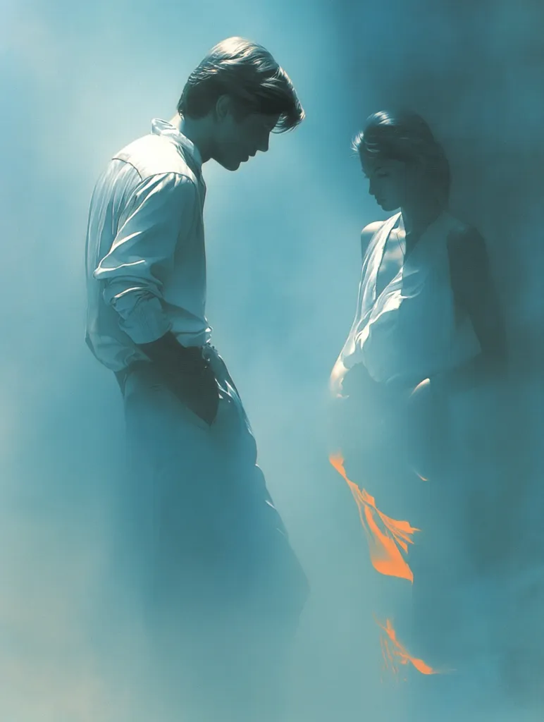 A man and woman stand close, shrouded in a hazy, teal-colored atmosphere.  The man, in a light-colored shirt and trousers, is slightly bent, his gaze directed downward towards the woman. The woman, in a lighter, flowing dress, stands with a subtle curve, her head tilted slightly. The overall mood is intimate and mysterious, the soft lighting enhancing the dreamlike quality of the scene. A hint of warm orange color peeks through the fog near the woman's dress.