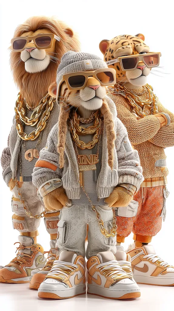 Three anthropomorphic animals – a lion, a tiger, and a cheetah – are depicted in stylish attire.  They wear gold chains, sunglasses, and coordinated outfits, including knit sweaters and high-top sneakers.  The tiger in the center sports a beanie. The image presents a playful, hip-hop-inspired aesthetic.