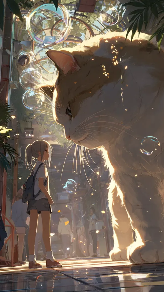 A young girl with a backpack stands in awe before a colossal, gentle-looking cat.  Sunlight streams through a glass-roofed structure, illuminating floating soap bubbles. The scene is bathed in a warm, ethereal glow. Other figures are blurred in the background, emphasizing the scale of the cat and the intimacy of the moment between girl and beast.  The overall style is anime-inspired, fantastical and serene.