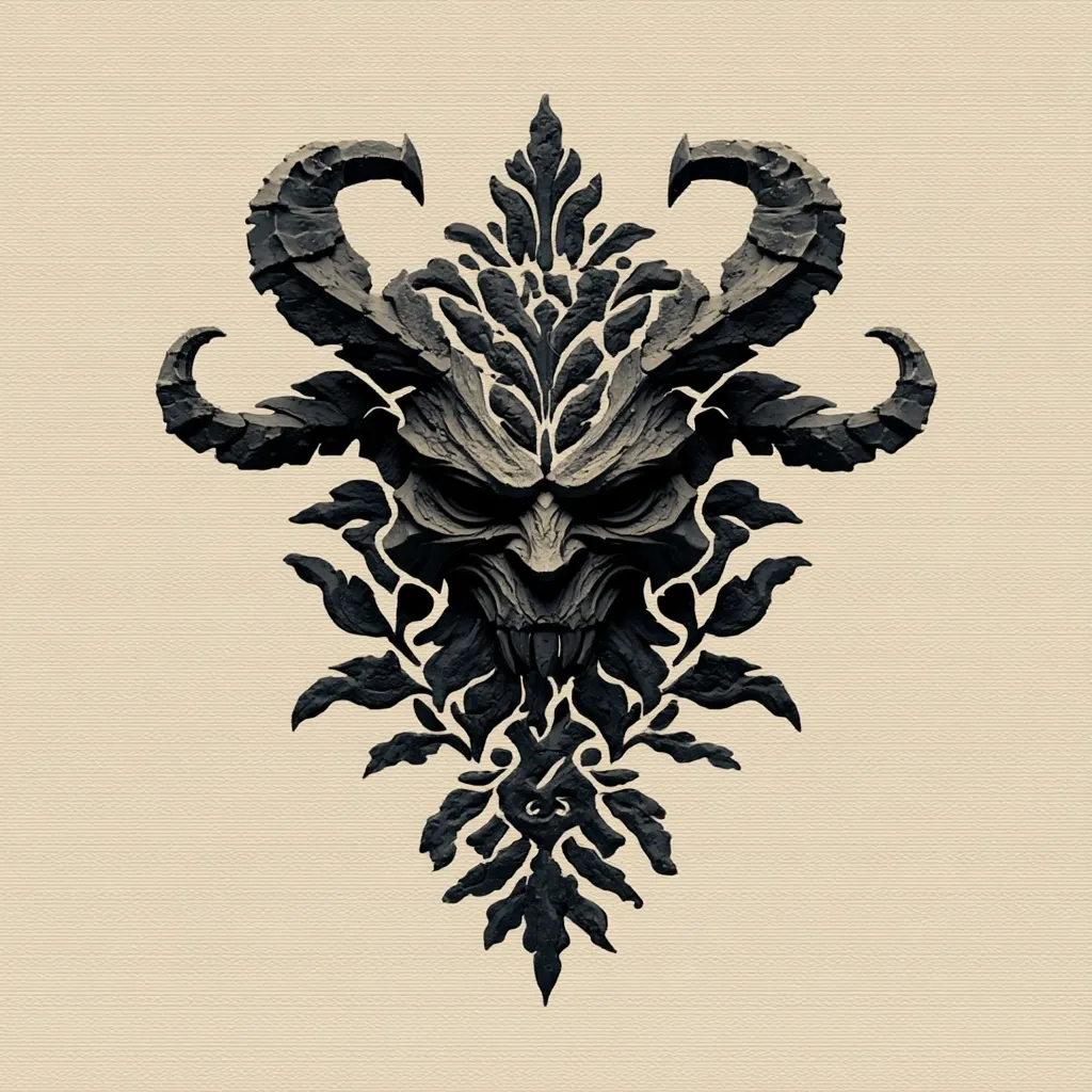 A dark, stylized demon's face is presented as a central motif, framed by elaborate, swirling, leaf-like patterns. The demonic visage, rendered in a stone-like texture, features prominent horns and sharp teeth.  The design resembles a grotesque damask, combining elements of horror and ornate decoration.  The overall color scheme is monochromatic, enhancing the image's dark and mysterious atmosphere.