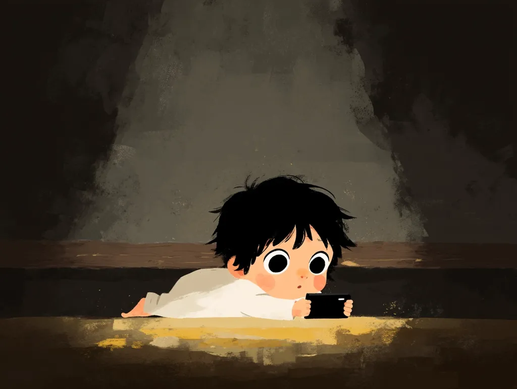 A stylized illustration depicts a young child, lying on their stomach, intently focused on a small rectangular device, possibly a smartphone.  The child's large eyes and expression suggest fascination or absorption. The setting is dimly lit, emphasizing the child and the screen's glow. The overall mood is quiet and contemplative, hinting at the child's engagement with technology.