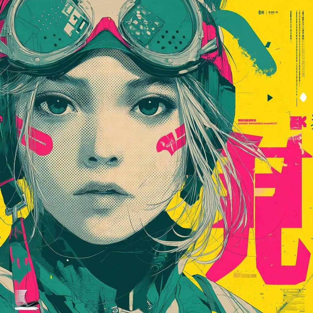 A stylized poster features a young woman's face, partially obscured by goggles and long hair.  The artwork is rendered in a vibrant, contrasting palette of teal, pink, and yellow, incorporating halftone effects and bold graphic elements.  Her expression is serious and intense, adding to the overall cyberpunk aesthetic.  Chinese characters are prominent in the background, suggesting a connection to Asian culture or a specific narrative.  The style is reminiscent of graphic novels and contemporary poster art.