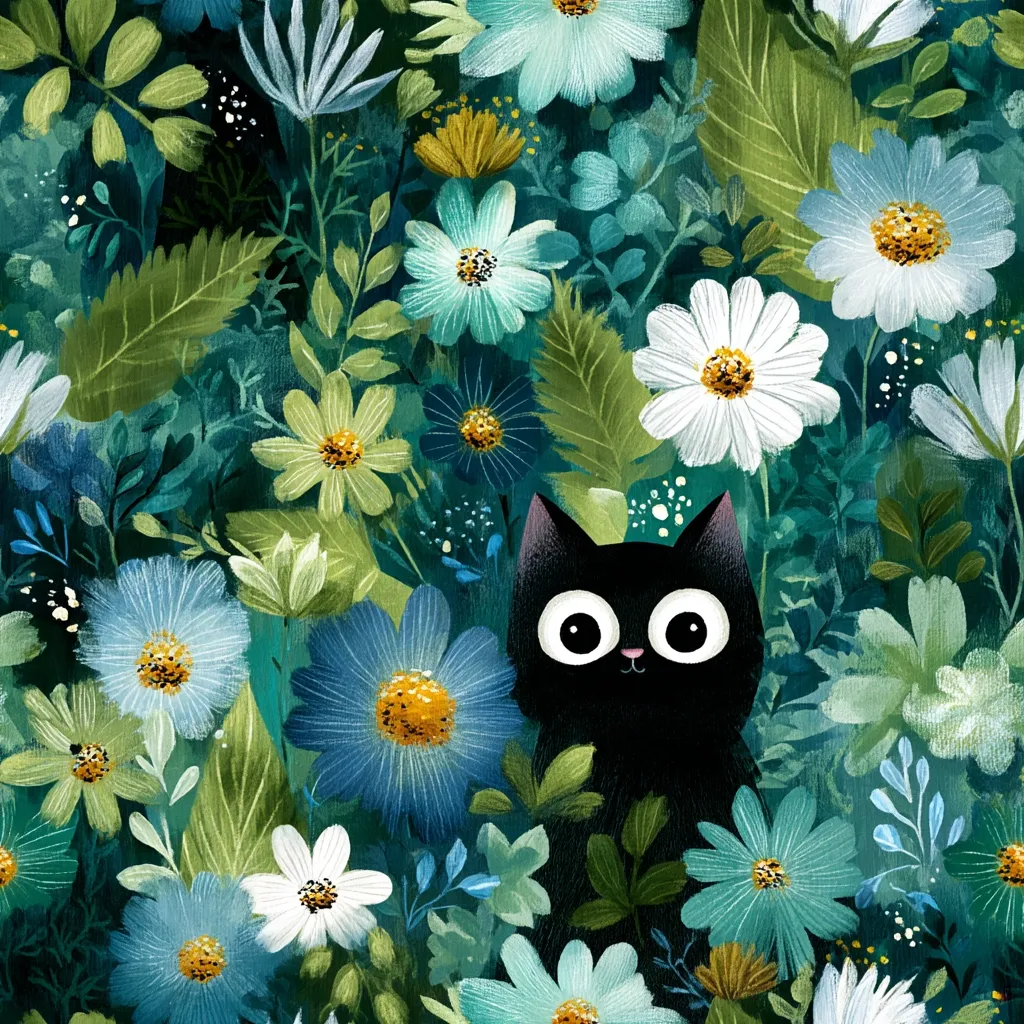 A charming illustration depicts a black cat with large, expressive eyes nestled amongst a profusion of vibrant flowers.  The flowers, in shades of blue, white, and green, create a lush, whimsical background. The cat's playful yet serene expression adds to the overall enchanting mood of the piece, suggesting a hidden world of tranquility. The artistic style is reminiscent of children's book illustrations, with a focus on soft, painterly textures and delightful color combinations.