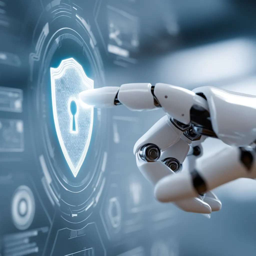 A robotic hand interacts with a digital interface, its fingertip touching a glowing shield icon featuring a keyhole.  The futuristic display suggests advanced cybersecurity or data protection. The scene evokes themes of artificial intelligence, technology, and security systems.  The image is visually striking with cool, technological tones.