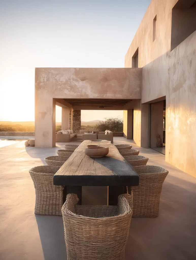 A long, dark wood table sits outdoors on a smooth concrete patio, surrounded by woven wicker chairs. The setting sun casts a warm glow on the minimalist, earthy-toned architecture of the house.  A partially visible infinity pool and tranquil landscape complete the serene scene, suggesting a luxurious and secluded retreat.  The overall aesthetic is one of simple elegance and natural beauty.