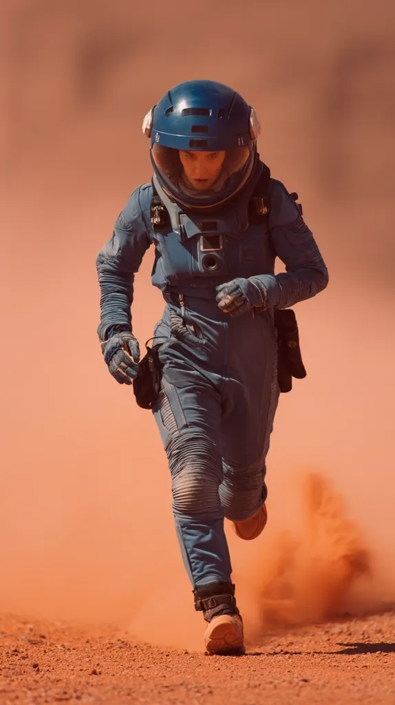 An astronaut in a blue spacesuit runs across the Martian surface, kicking up red dust. The helmet obscures the astronaut's face, but their determined posture is visible. The setting sun casts a warm orange glow on the desolate landscape. The image evokes a sense of isolation and adventure, suggesting a mission of exploration and survival on a distant planet.
