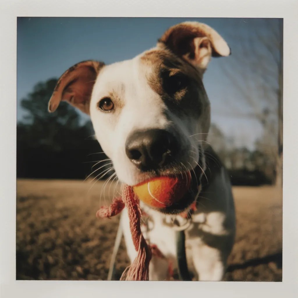 A close-up Polaroid-style photograph captures a dog, possibly a mixed breed, holding a tennis ball in its mouth. The dog's fur is predominantly white with brown patches, and its expression is playful and engaging. The background is blurred, suggesting an outdoor setting, likely a park or field, on a sunny day. The overall mood is cheerful and captures a candid moment of the dog's playful nature.